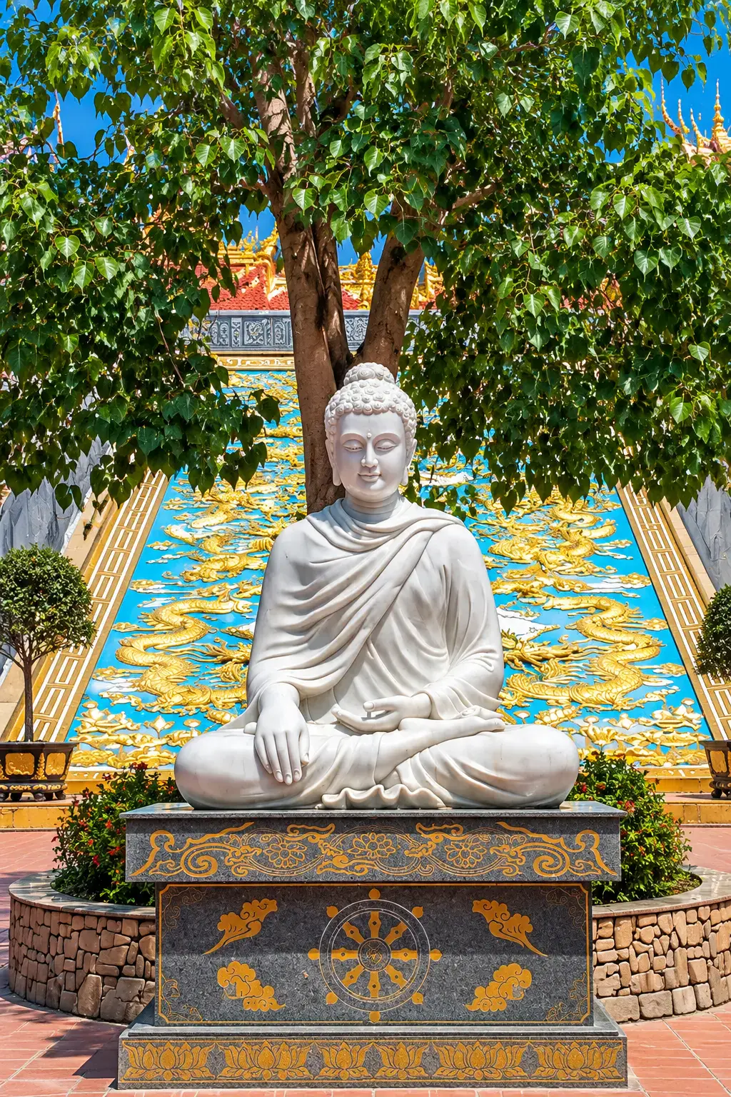 White seated Buddha statue on a carved stone pedestal beneath a leafy tree